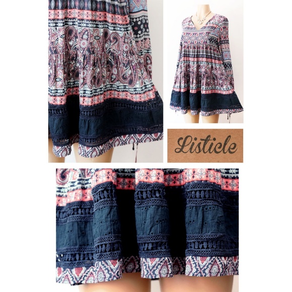 Navy Blue Multi BOHO Print Babydoll Tunic Blouse - Picture 4 of 8